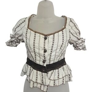 Vintage Y2K Women's White Chain Print Ruffle Peplum Blouse Top Shirt Size S‎